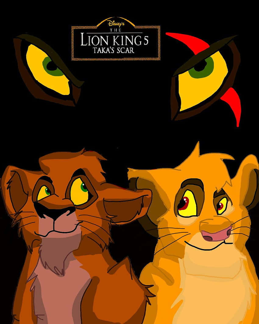 Lion King Scar 桌布 壁紙 — 兩隻獅子幼崽抬頭望著上方發光的威脅性眼睛，背景為黑色。