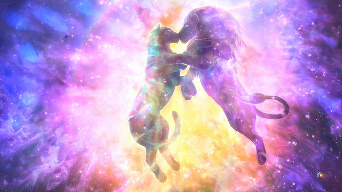 兩隻獅子形象在一個充滿星星的色彩繽紛的宇宙星雲中親吻。 — 銀河獅子 壁紙