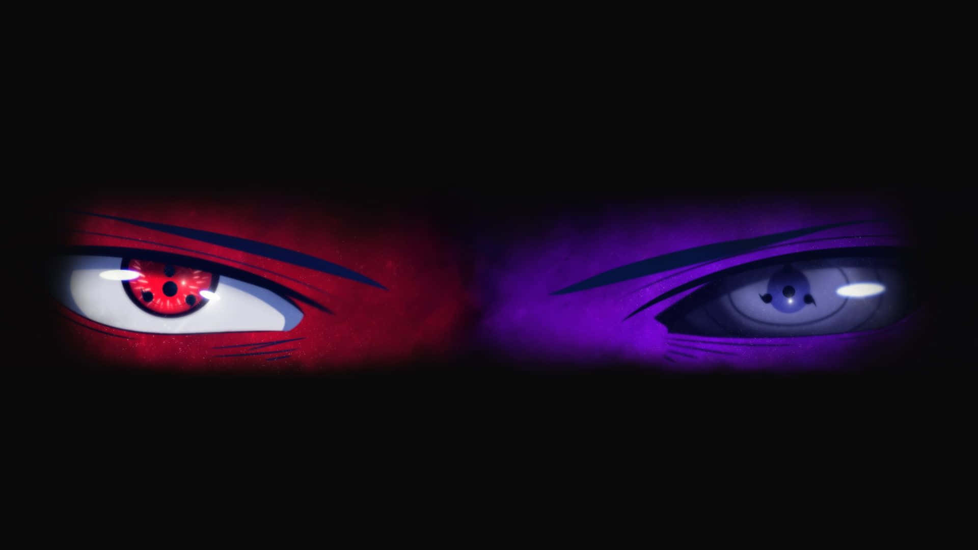Rinnegan 桌布 壁紙 — 兩隻發光的動漫眼睛，帶有紅色和紫色的虹膜以及複雜的黑色符號，從黑暗中強烈凝視。