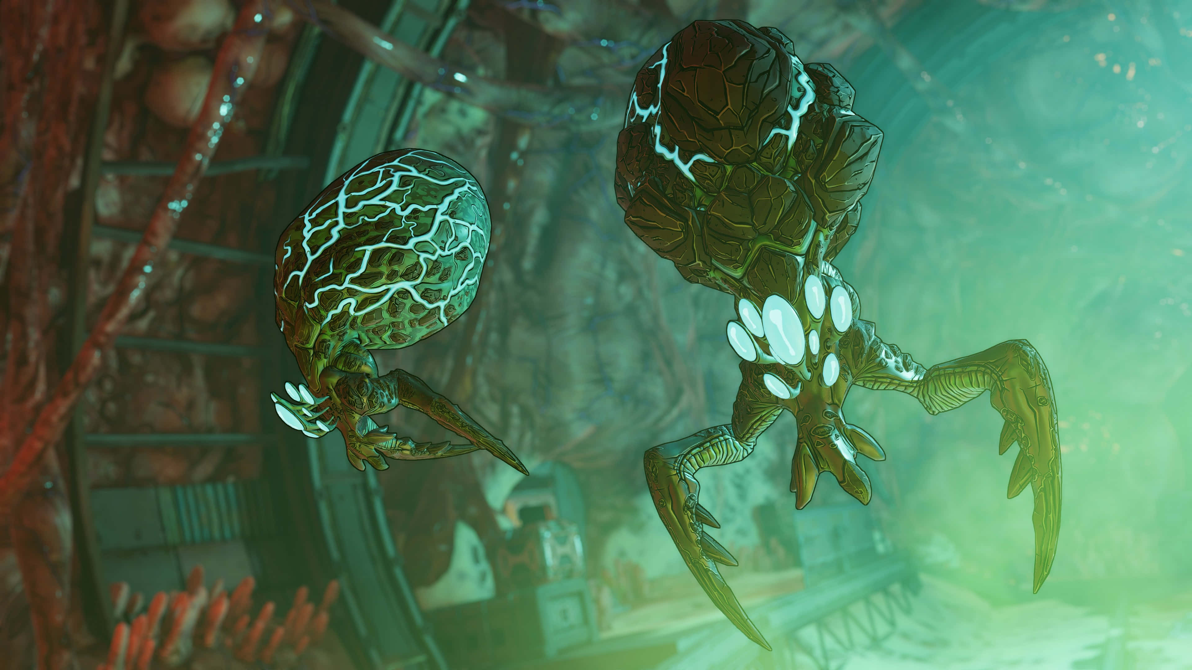 4K Borderlands 3 桌布 壁紙 — 兩隻發光的外星蟹類生物，帶有裂紋的殼，在渾濁的綠色水下廢墟中漂流。