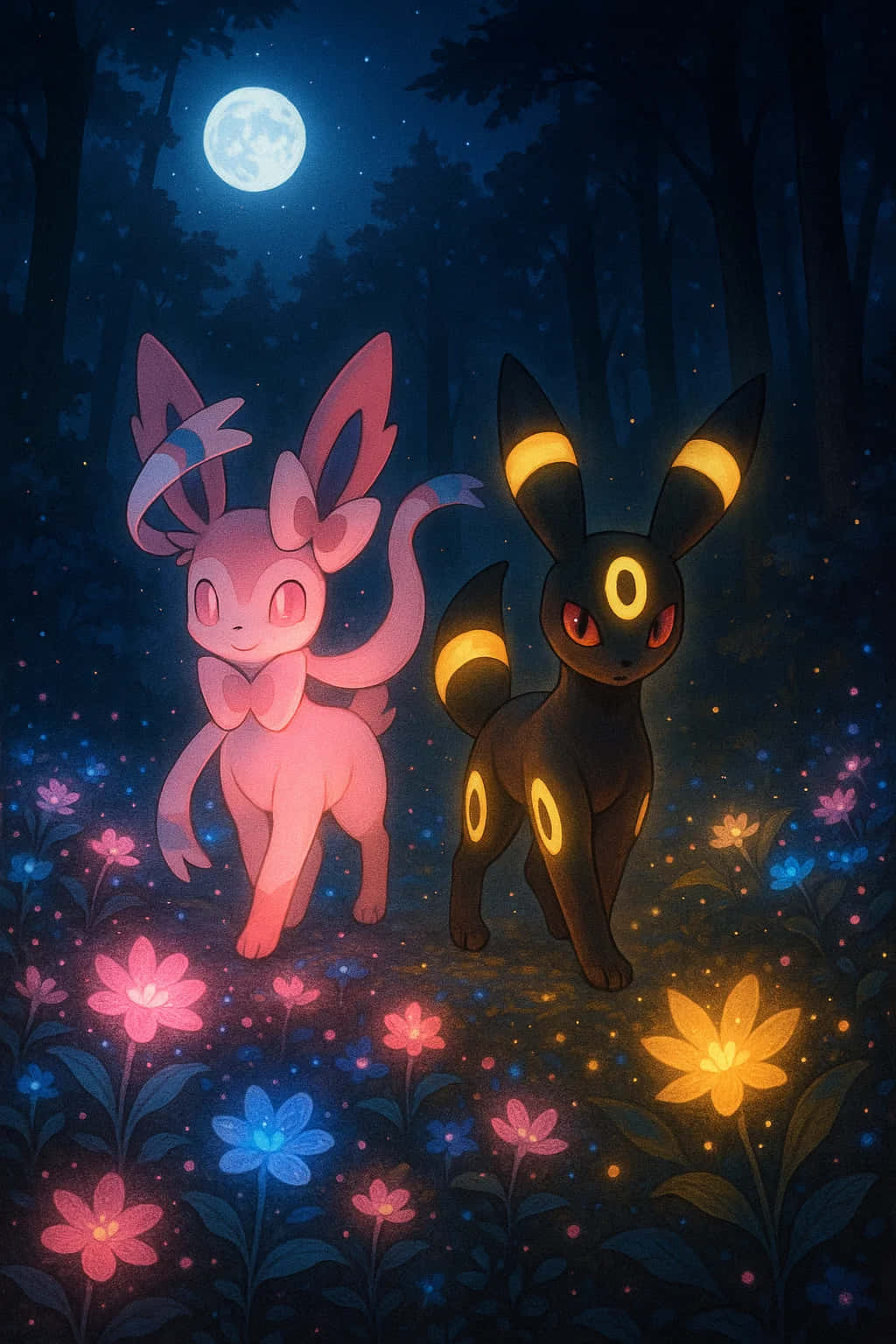 Umbreon Pokemon 4K HD Wallpaper WEBP MOBILE Backgrounds 壁紙 — 兩隻發光的寶可夢伊布和月亮伊布站在月光照耀的森林中，周圍是滿月下的生物發光花朵。