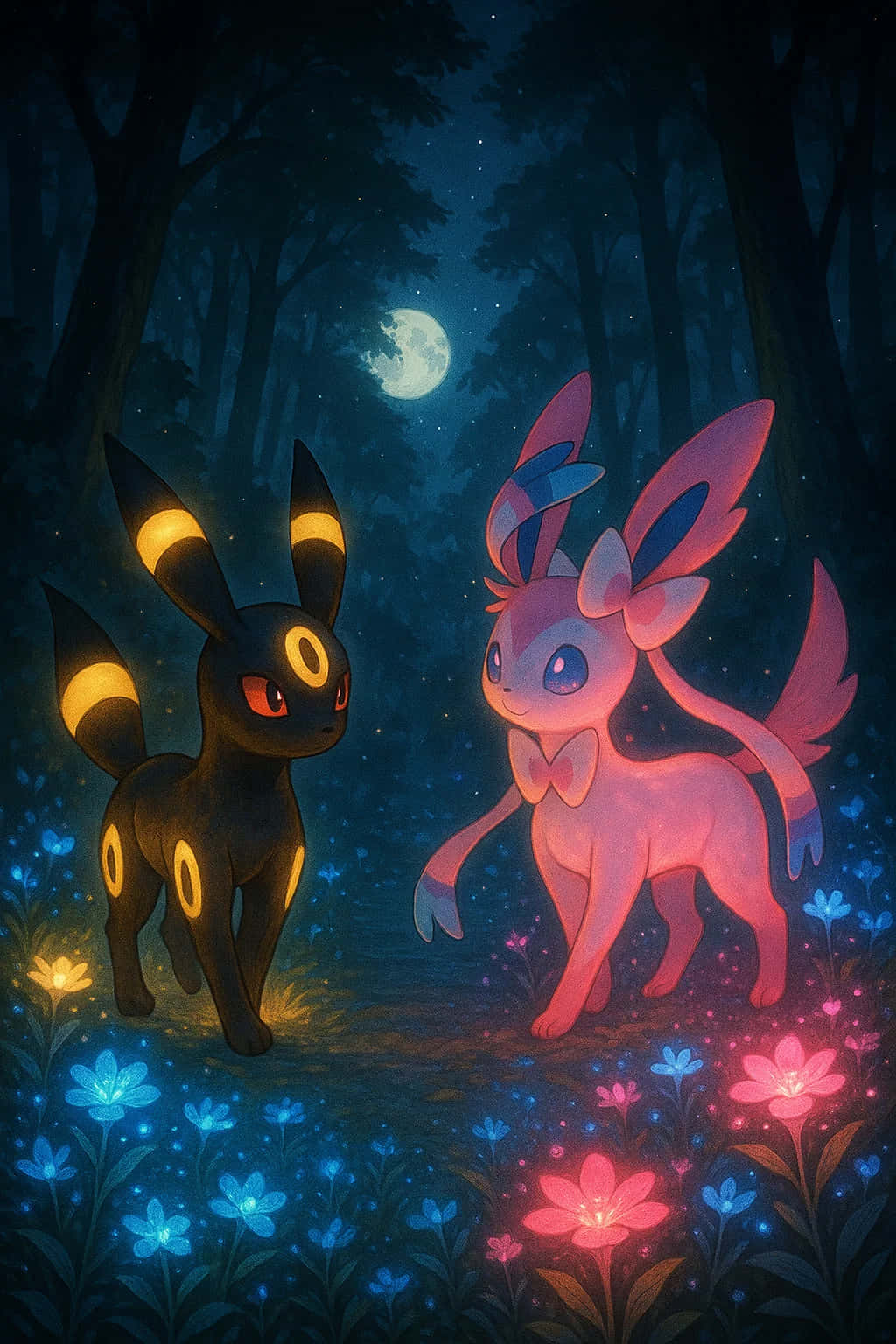 Umbreon Pokemon 4K HD Wallpaper WEBP MOBILE Backgrounds 壁紙 — 兩隻發光的寶可夢伊布和月亮伊布站在月光照耀的森林中，周圍環繞著生物發光的花朵。