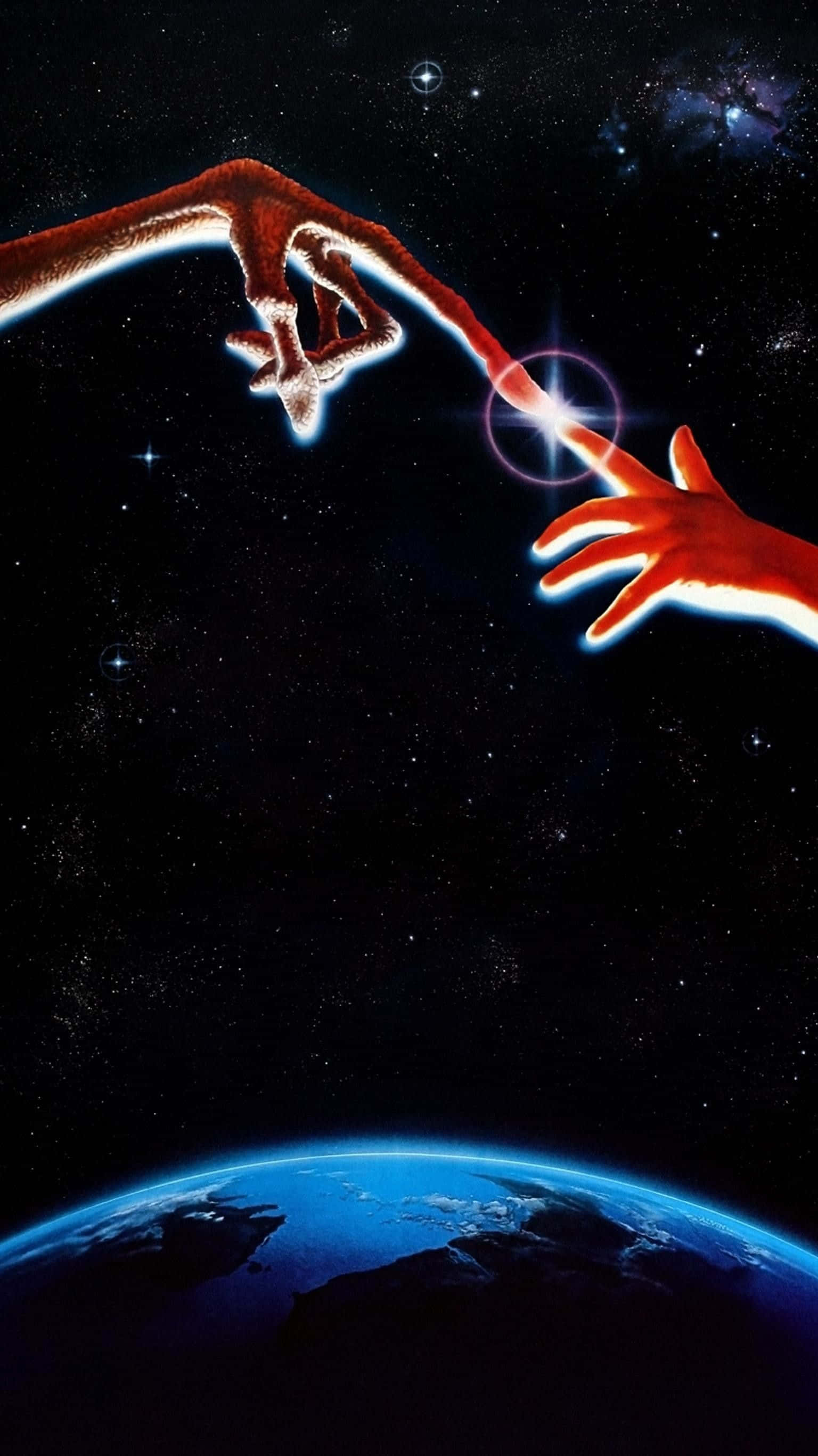 Et 桌布 壁紙 — 兩隻發光的手越過太空觸摸地球藍色曲線上方的一顆明亮星星。