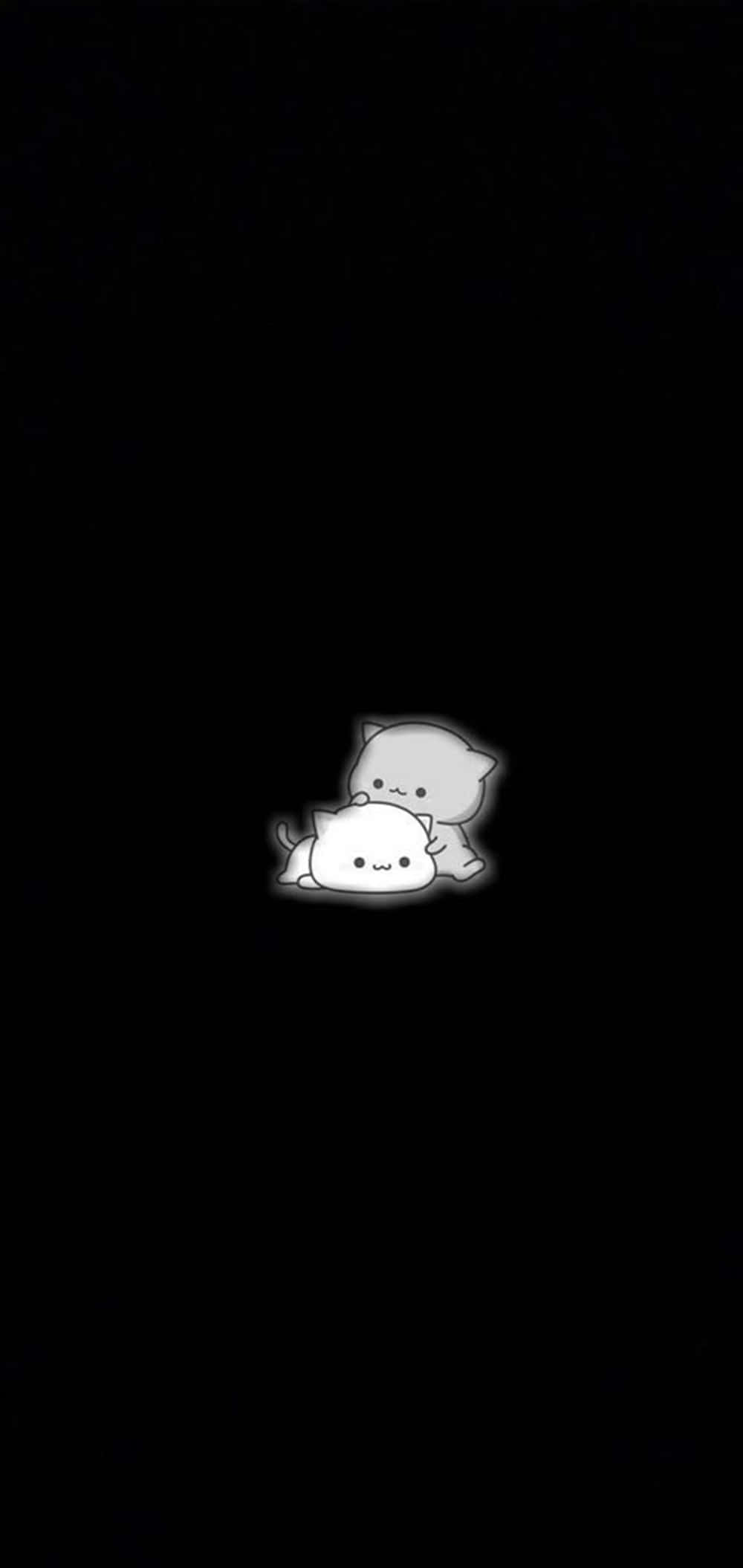 Cute Dark 桌布 壁紙 — 兩隻發光的極簡貓咪在黑暗虛空中依偎，一隻灰色一隻白色，輪廓柔和。