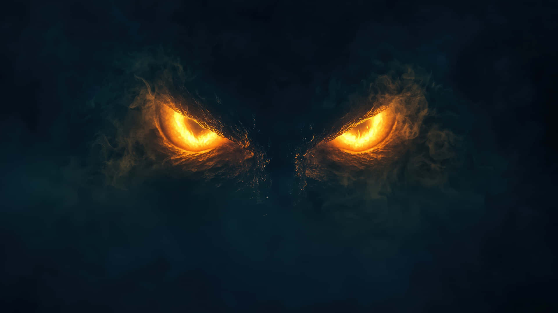 Fiery Glowing Eyes Emerging from Darkness in a Mysterious Atmosphere 壁紙 — 兩隻發光的橙色眼睛穿過旋轉的黑煙，形成一個威脅性的特寫。
