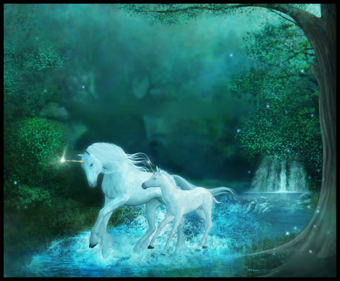 Unicorns 桌布 壁紙 — 兩隻發光的白色獨角獸在神秘綠色森林樹冠下，奔騰穿過閃閃發光的藍色溪流。
