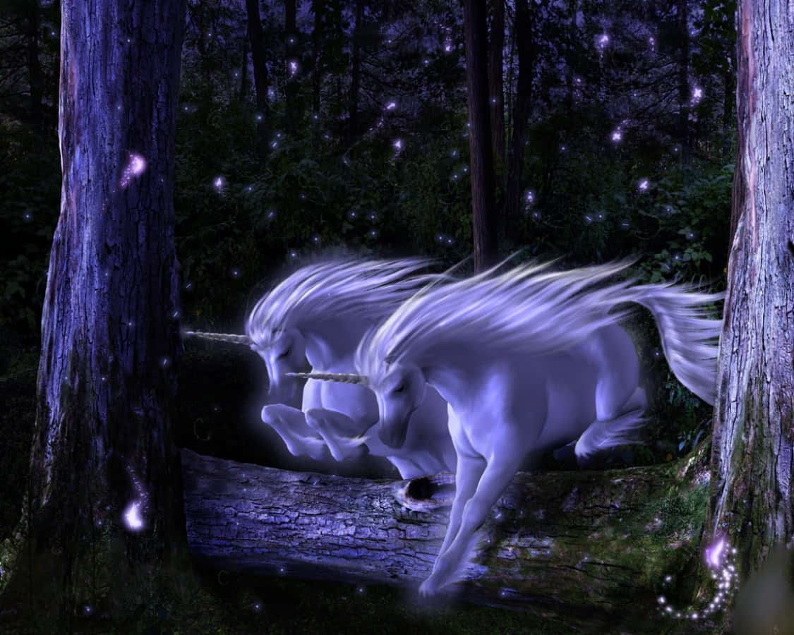 Unicorns 桌布 壁紙 — 兩隻發光的白色獨角獸奔馳穿過一個神秘紫色森林，森林中漂浮著閃爍的仙女燈光。