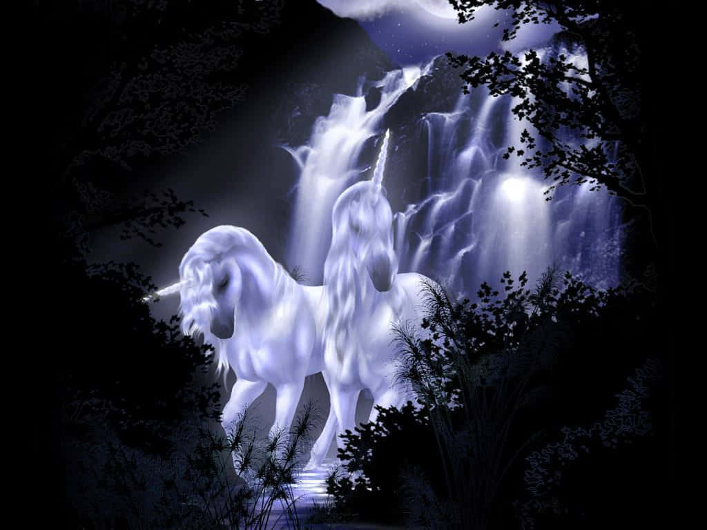 Real Unicorn 桌布 壁紙 — 兩隻發光的白色獨角獸站在月光下黑暗魔法森林中的發光瀑布前。