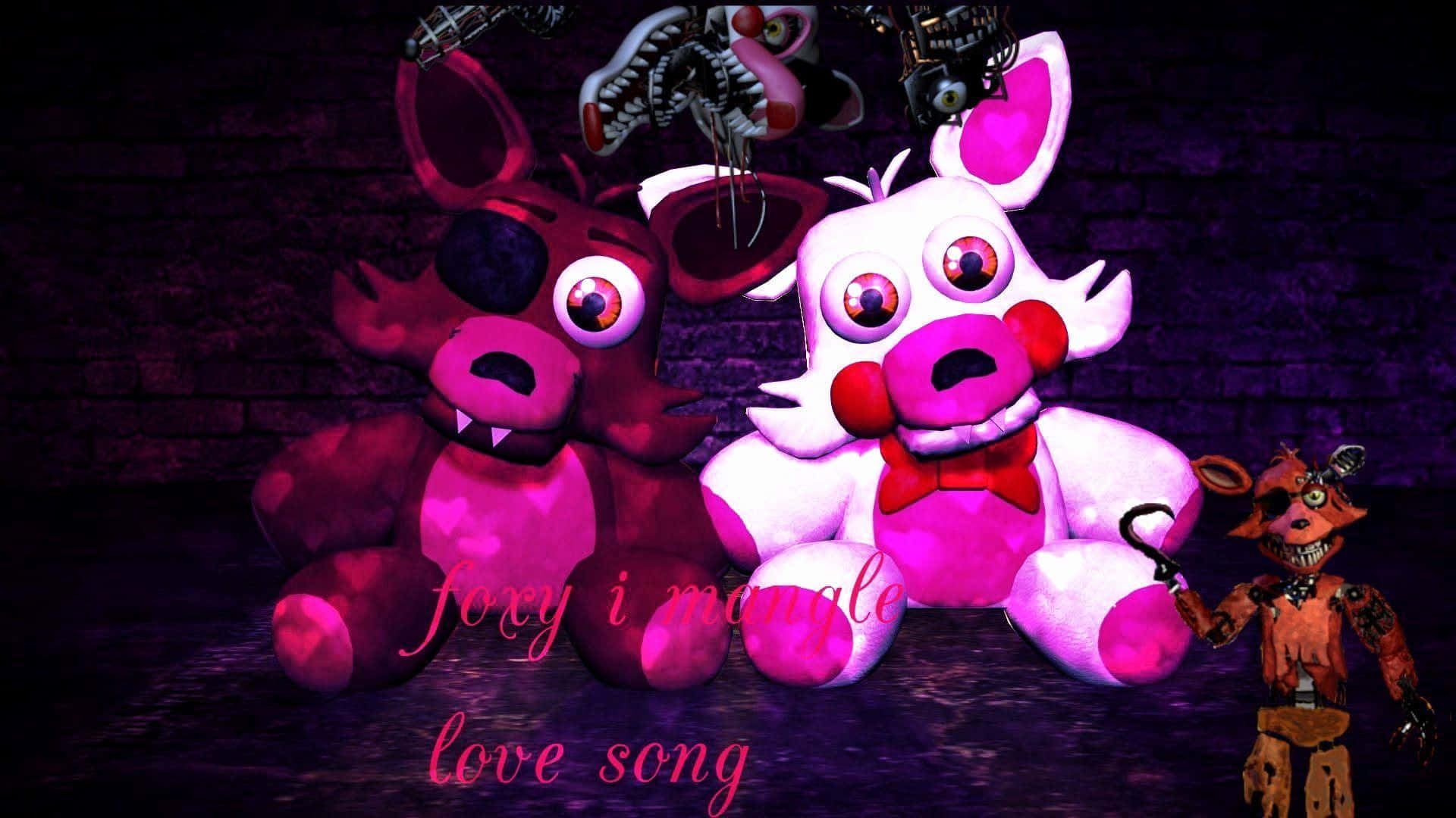Foxy 桌布 壁紙 — 兩隻發光的粉紅色電子豬和一隻狐狸站在黑暗的磚房裡，在詭異的紫色燈光下。