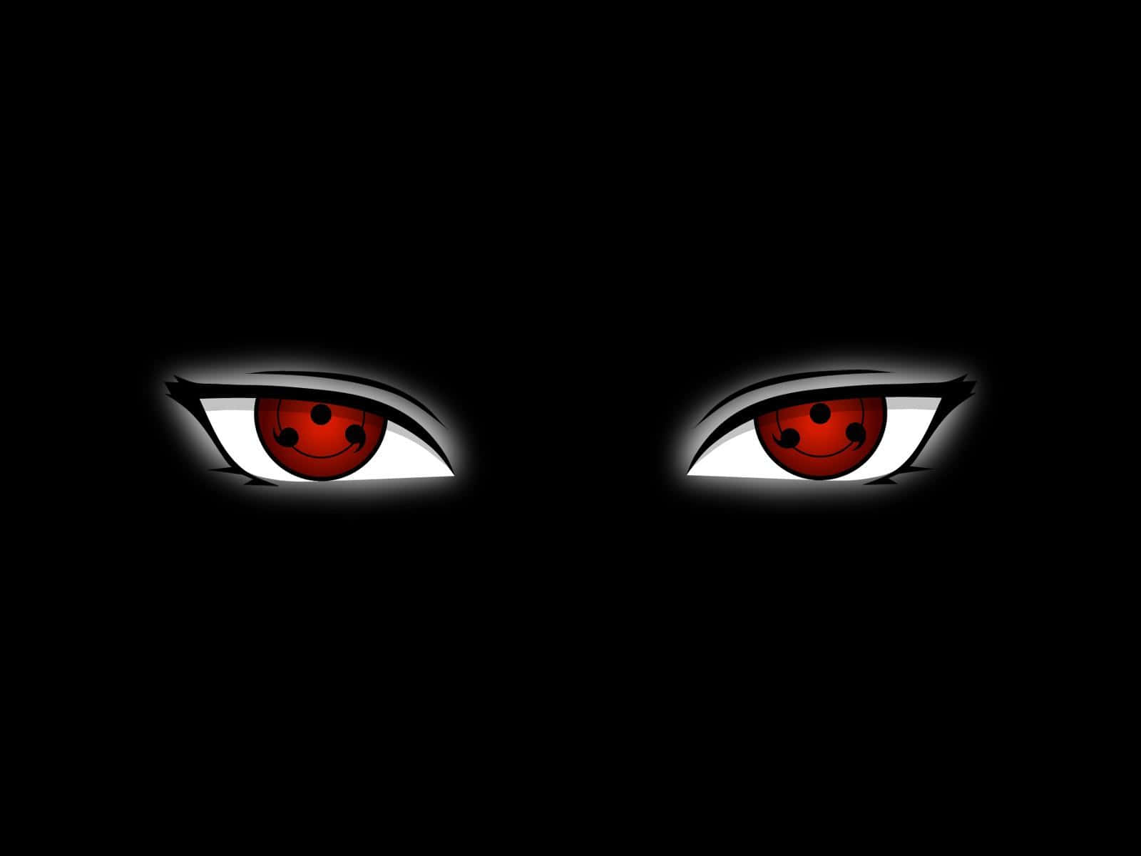 Mangekyou Sharingan 桌布 壁紙 — 兩隻發光的紅色動漫眼睛帶有黑色巴紋，從完全黑暗中強烈凝視。