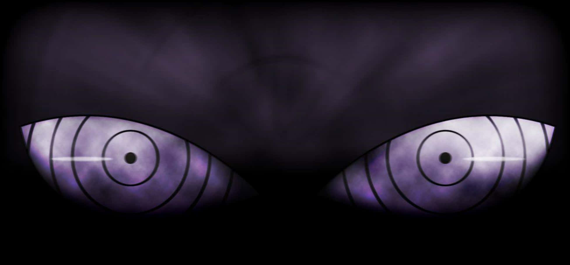 Pain Rinnegan 桌布 壁紙 — 兩隻發光的紫色眼睛帶有同心圓，從黑暗中強烈凝視。