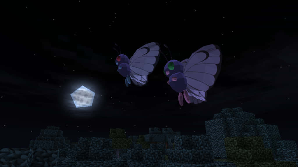 寶可夢 桌布 壁紙 — 兩隻發光的紫色蝴蝶在一個方塊狀的Minecraft風景中，在滿天星星的夜空下飛近一個鑽石方塊。