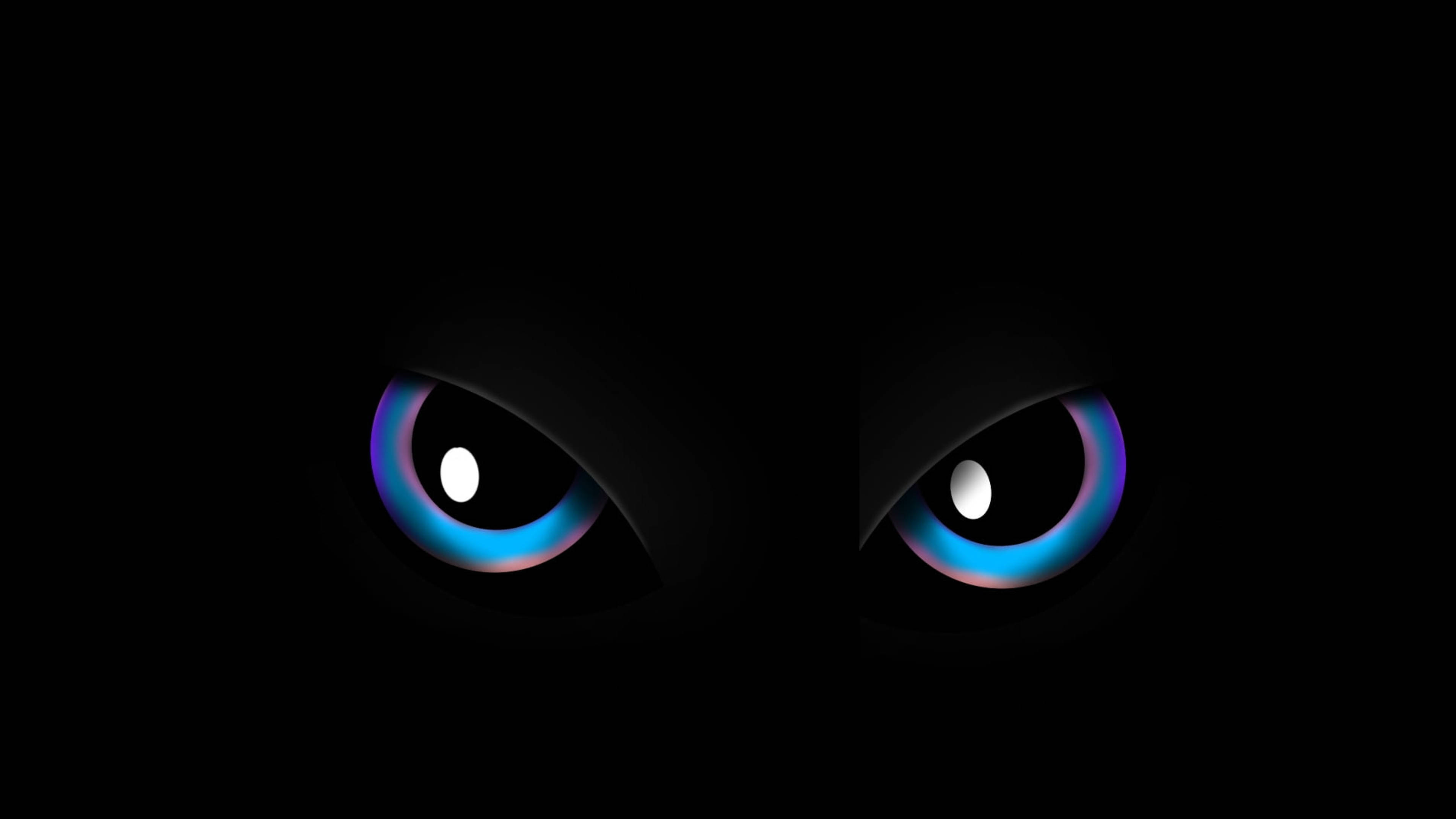 AMOLED 4K 桌布 壁紙 — 兩隻發光的藍色眼睛，瞳孔白色，從絕對黑暗中強烈凝視。