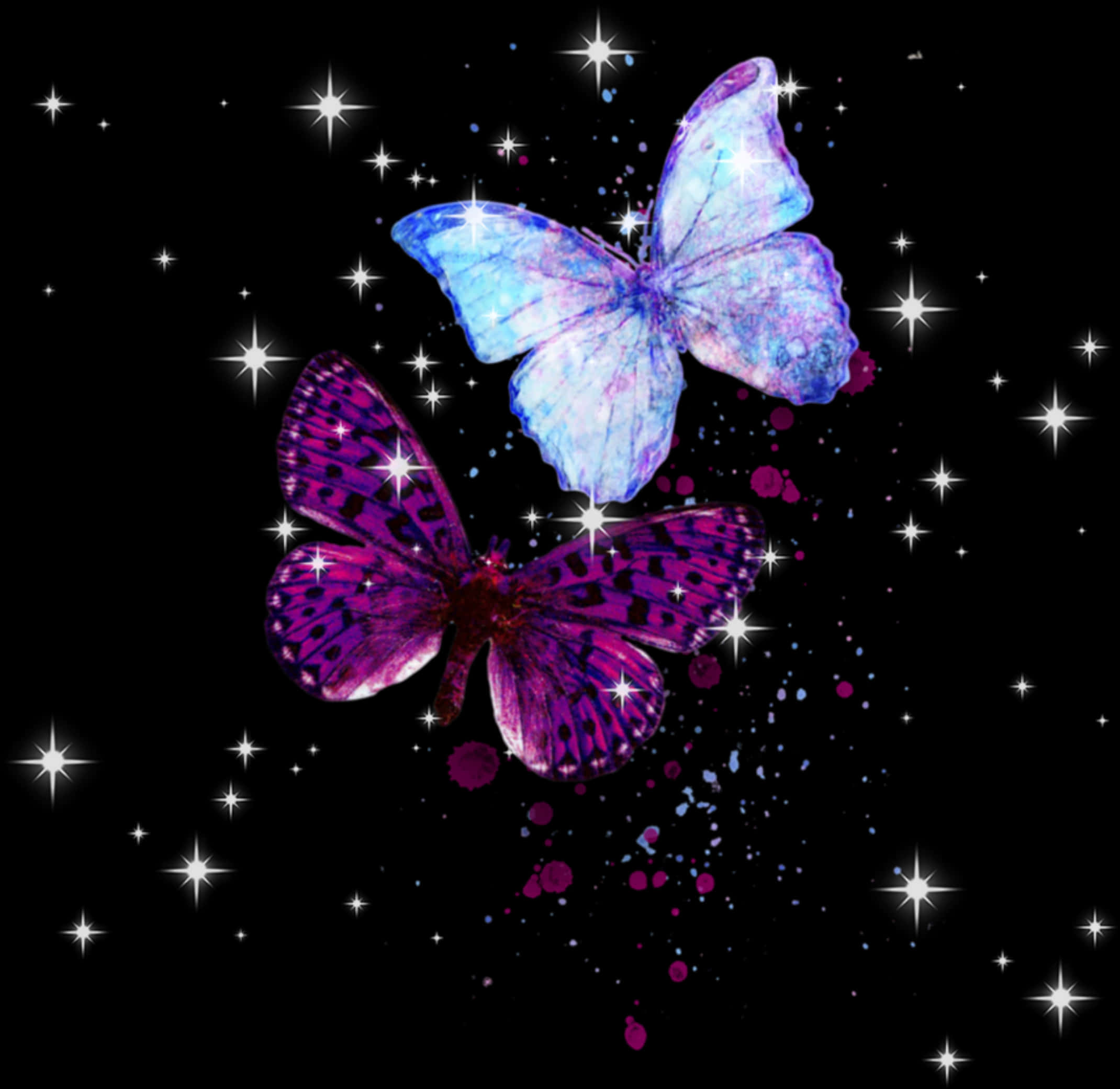 Mariposas 桌布 壁紙 — 兩隻發光的蝴蝶，一藍一紫，在黑色宇宙背景下閃爍的星星間翩翩起舞。