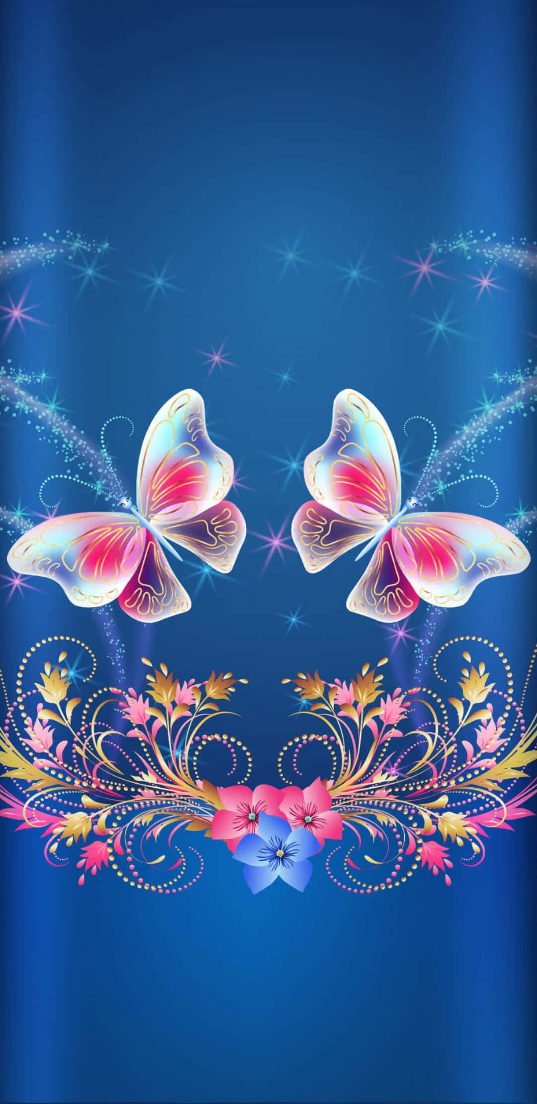 Butterflies 桌布 壁紙 — 兩隻發光的蝴蝶，帶有粉紅色和藍色的翅膀，在深藍色星空背景上的花卉漩渦上方翩翩起舞。