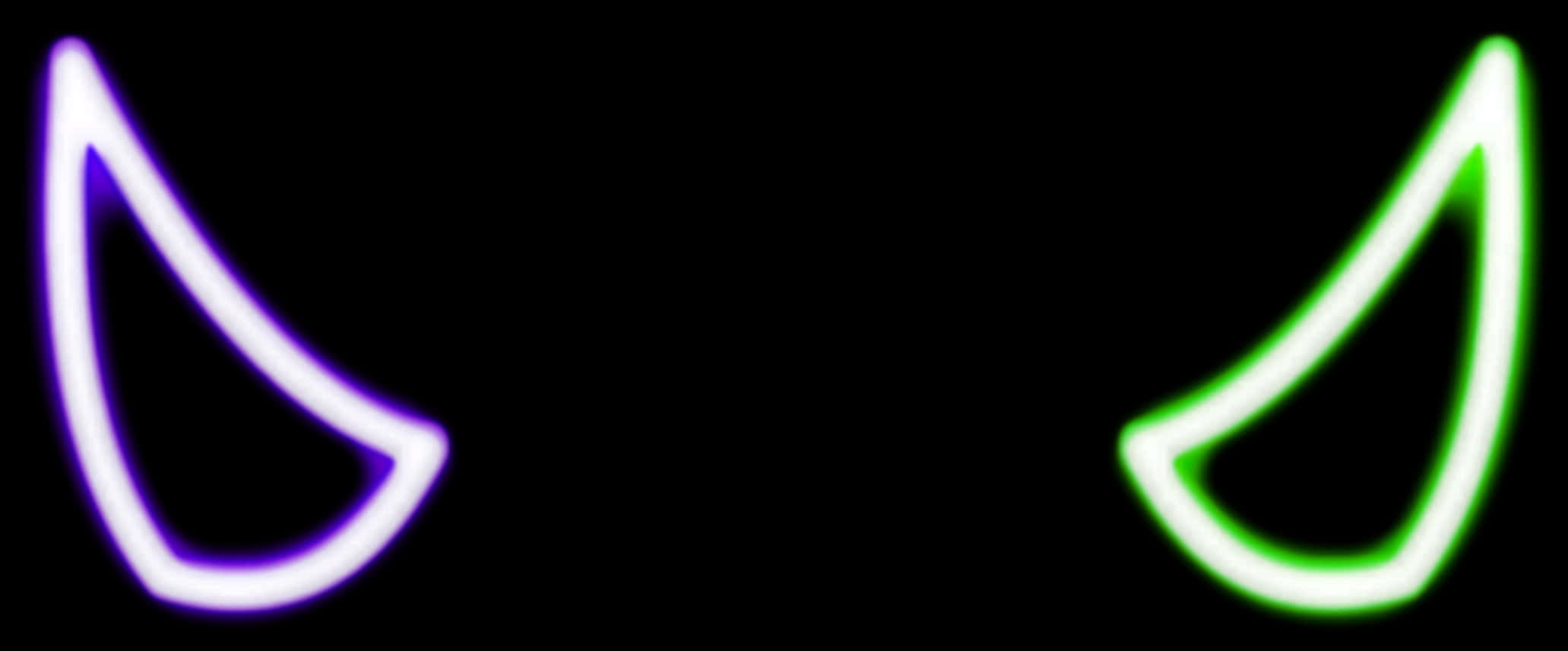 Devil Horn 桌布 壁紙 — 兩隻發光的霓虹眼睛，一紫一綠，從黑色虛空中凝視，帶有柔和的光暈。