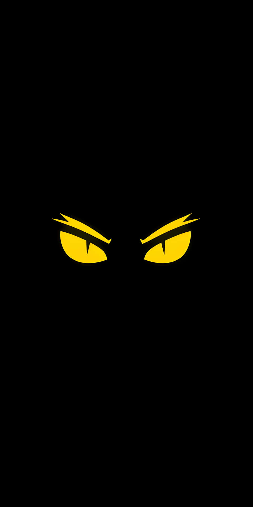 Mysterious Yellow Glowing Cat Eyes Black Wallpaper 壁紙 — 兩隻發光的黃色眼睛，帶有銳利的眉毛，從純黑色背景中強烈凝視。