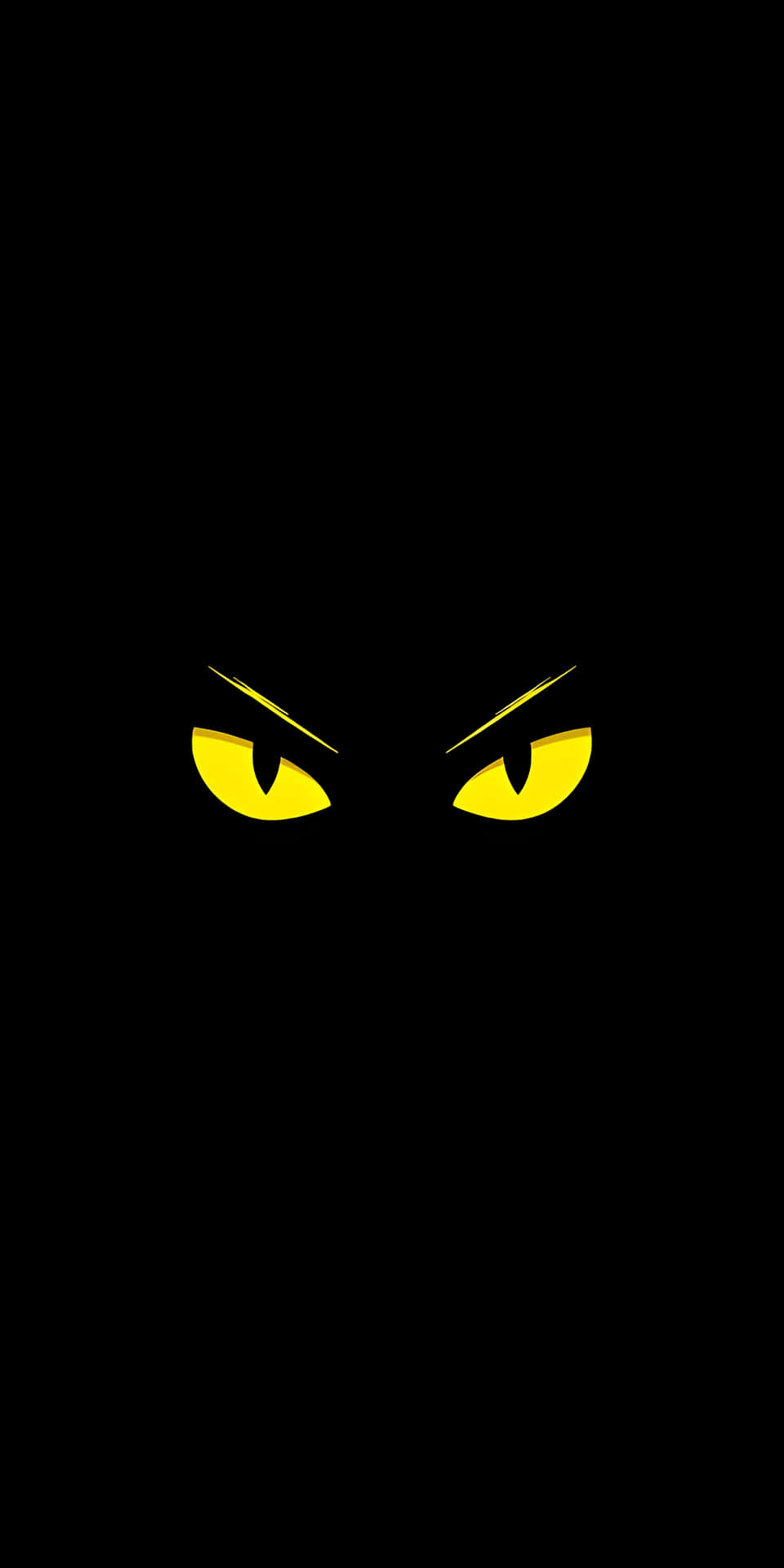 Menacing Yellow Demon Eyes Minimalist Wallpaper 壁紙 — 兩隻發光的黃色貓眼，帶有尖銳傾斜的眉毛，從絕對黑暗中威脅地凝視。