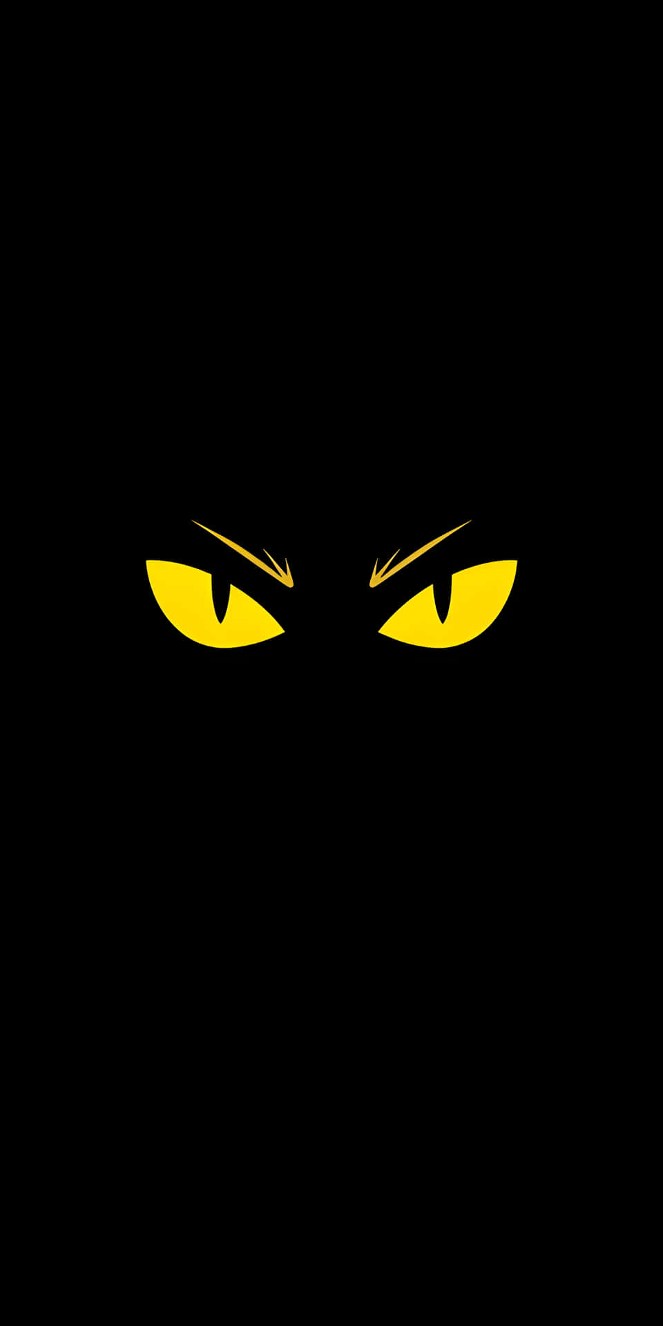 Sharp Yellow Glowing Monster Eyes Dark Wallpaper 壁紙 — 兩隻發光的黃色貓眼，帶有銳利的眉毛，從絕對的黑暗中威脅地凝視。