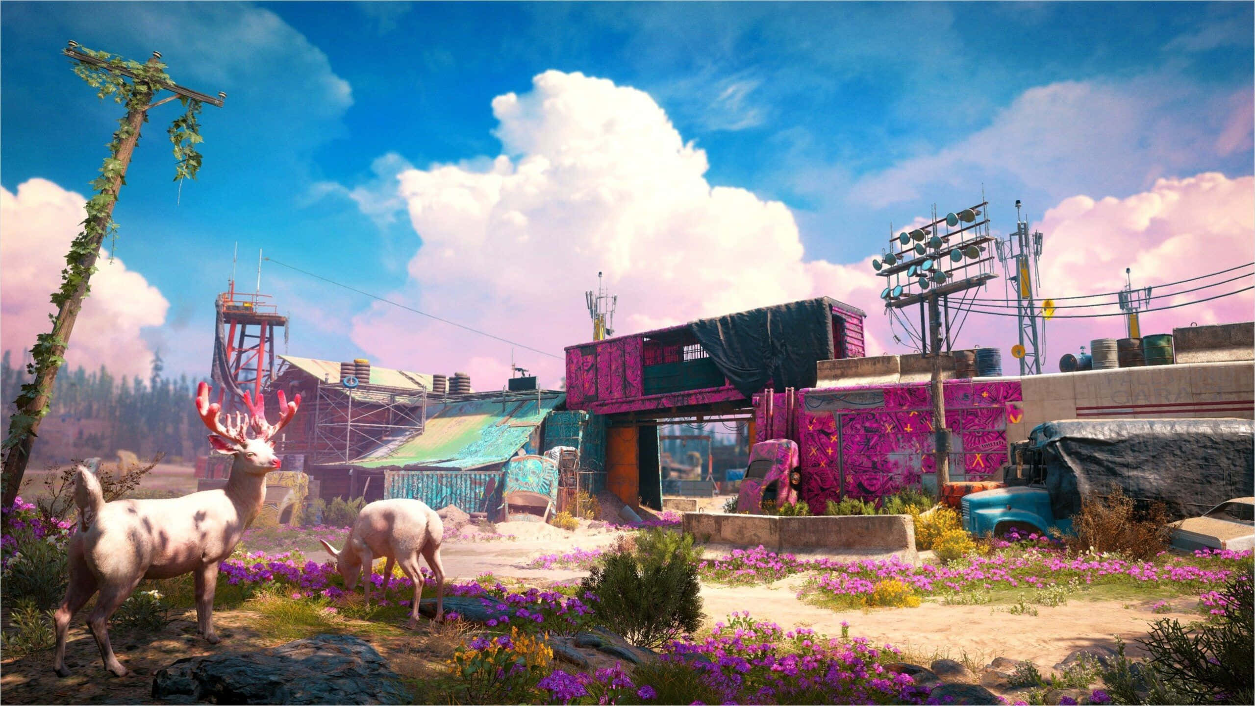 Game Art 桌布 壁紙 — 兩隻發光鹿角的鹿在鮮豔多彩的垃圾場中，於紫色花朵間吃草，背景是明亮的藍天。