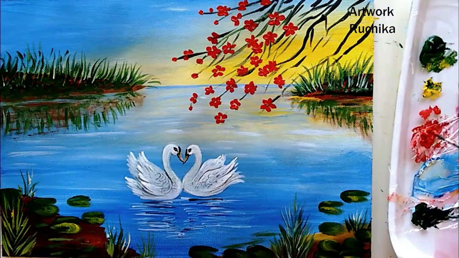 Beautiful Art 桌布 壁紙 — 兩隻白天鵝在平靜的藍色水中面對面，下方是紅花枝條，上方是黃色天空。