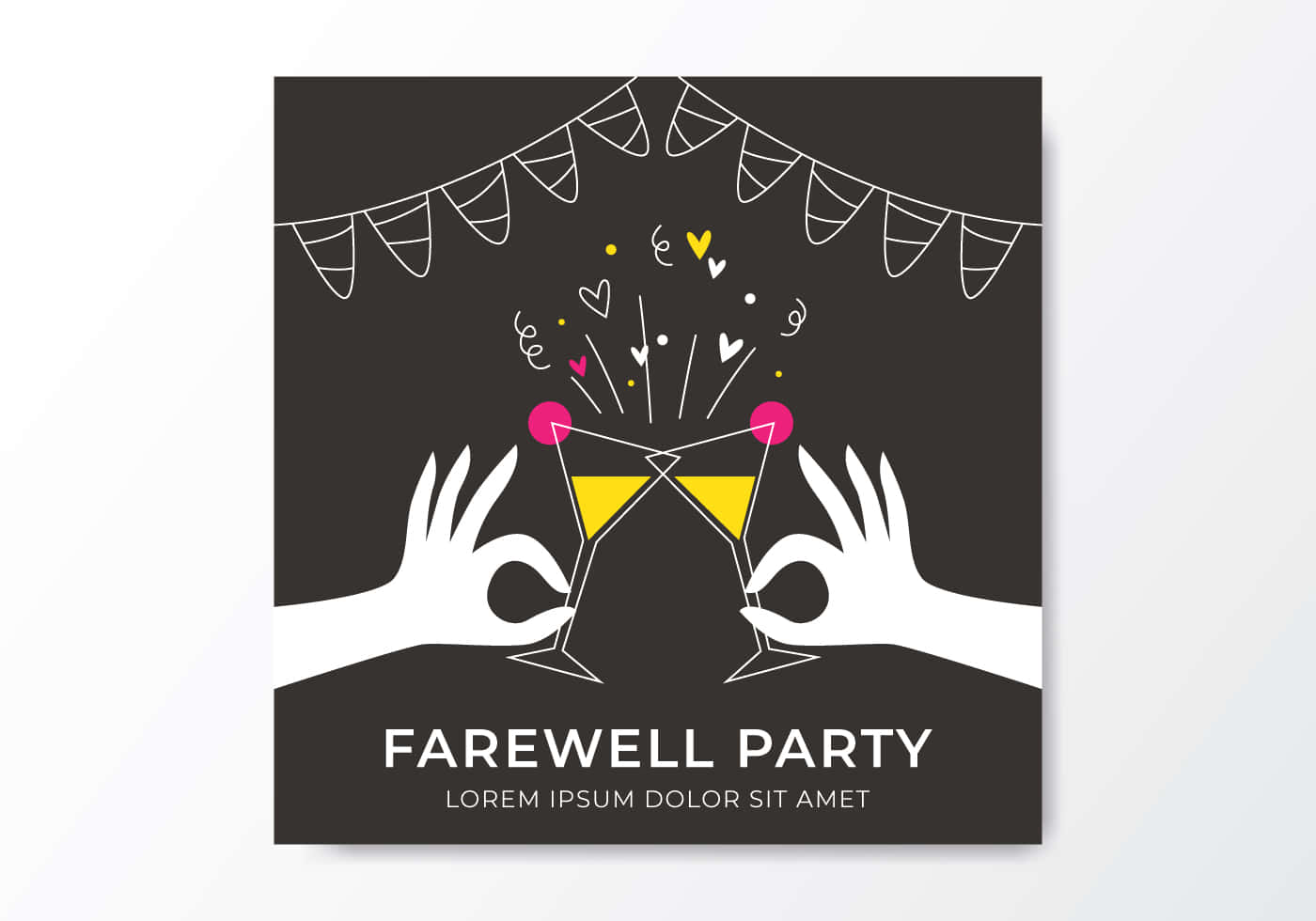 Farewell 桌布 壁紙 — 兩隻白手在掛有心形和五彩紙屑的燈串下碰香檳杯，背景為深色。