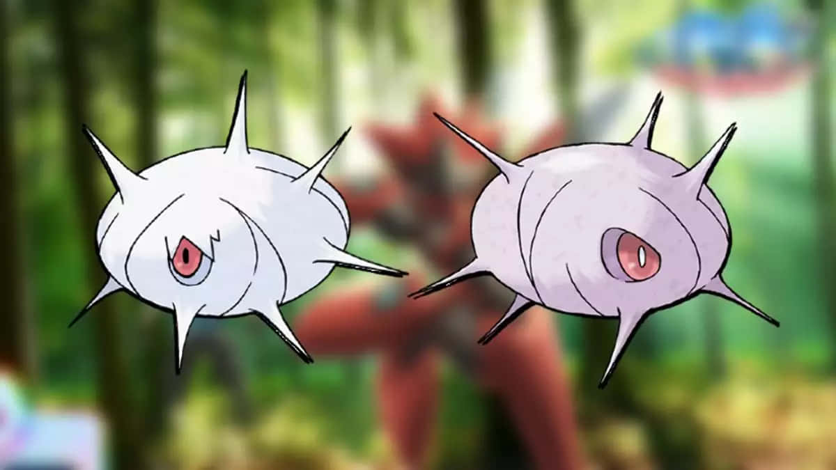 寶可夢 桌布 壁紙 — 兩隻白色尖刺的Pokémon有紅色眼睛，漂浮在模糊的森林背景中。