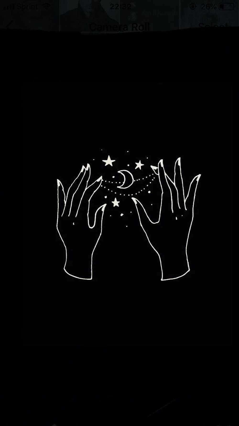 Witchy 桌布 壁紙 — 兩隻白色輪廓的手在黑色背景上捧著一彎新月和星星。