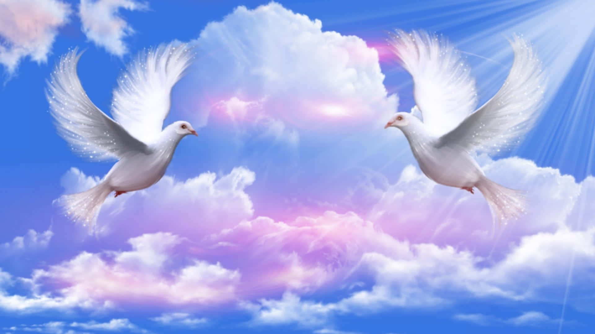 Heaven Rest In Peace 桌布 壁紙 — 兩隻白鴿在充滿蓬鬆雲朵和燦爛陽光的生動天空中優雅翱翔。