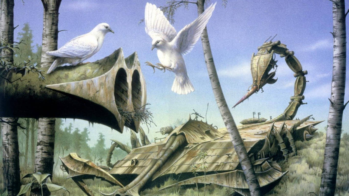 White Dove 桌布 壁紙 — 兩隻白鴿在晴朗藍天下，於超現實森林中扭曲的金屬樹幹間棲息和飛翔。