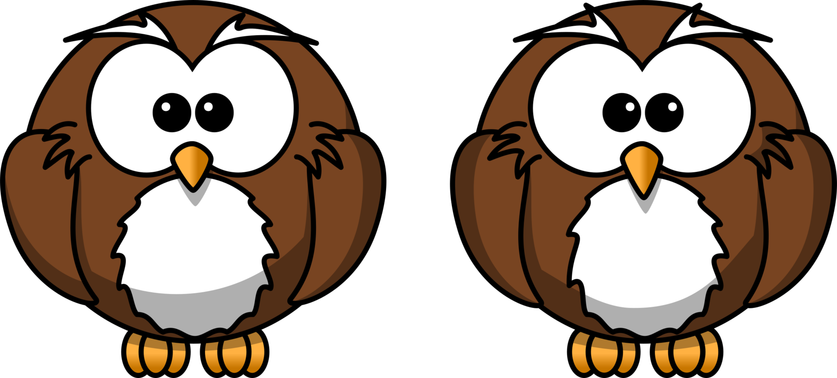 Owl Free 桌布 壁紙 — 兩隻相同的卡通貓頭鷹，有大白色眼睛和橙色喙，並排站在黑色背景前。