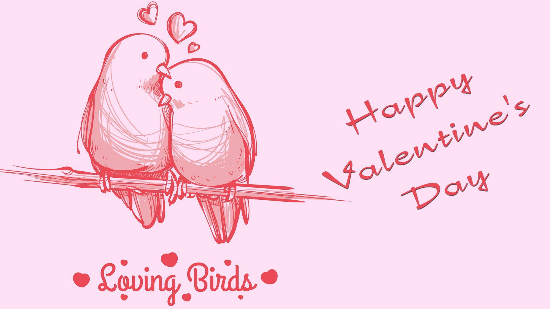 birds 桌布 壁紙 — 兩隻相愛的鳥棲息在樹枝上親吻，漂浮的心形在柔和的粉紅色背景上慶祝情人節。