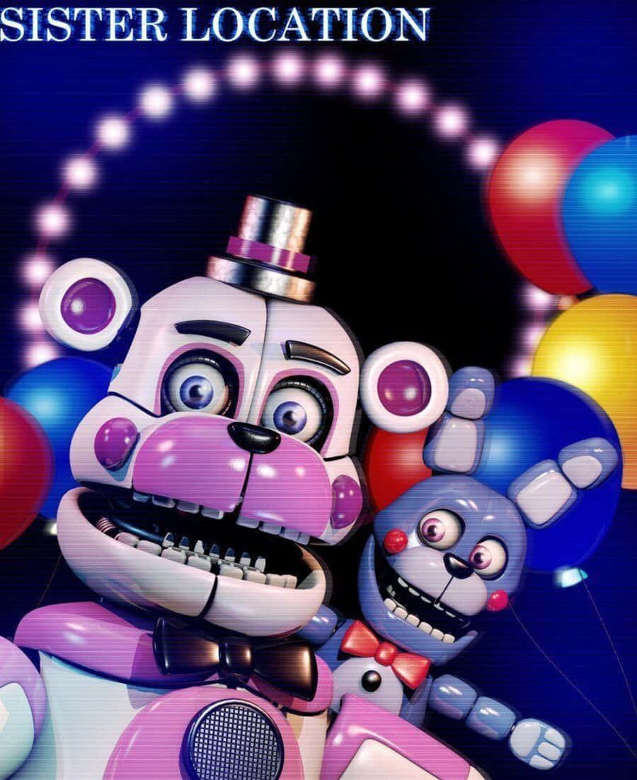 Funtime Freddy 桌布 壁紙 — 兩隻眼睛大、牙齒鋒利的電子熊在閃爍的燈光拱門下咧嘴笑，周圍環繞著彩色氣球。