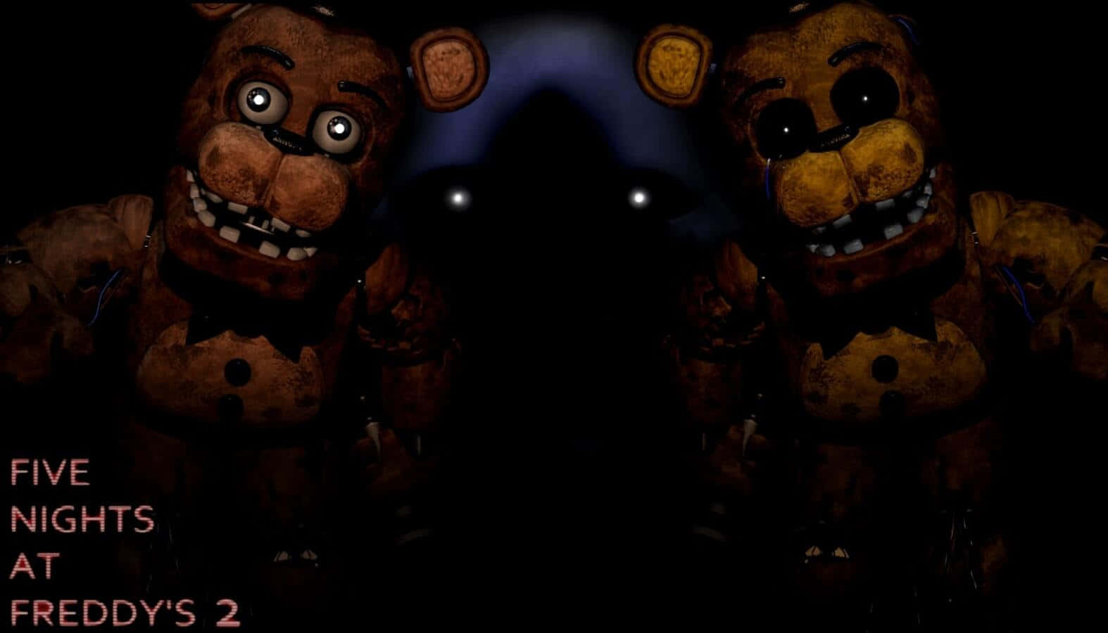 Golden Freddy 桌布 壁紙 — 兩隻破舊的電子熊，眼睛發光，在黑暗的房間裡威脅地凝視著，身後有一個陰影人物。
