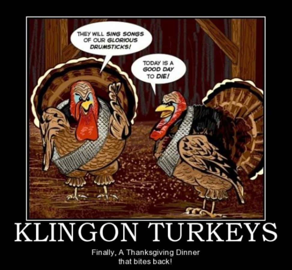 Thanksgiving Funny 桌布 壁紙 — 兩隻穿著克林貢盔甲的卡通火雞吹噓唱著鼓槌之歌並在穀倉裡快樂地死去。