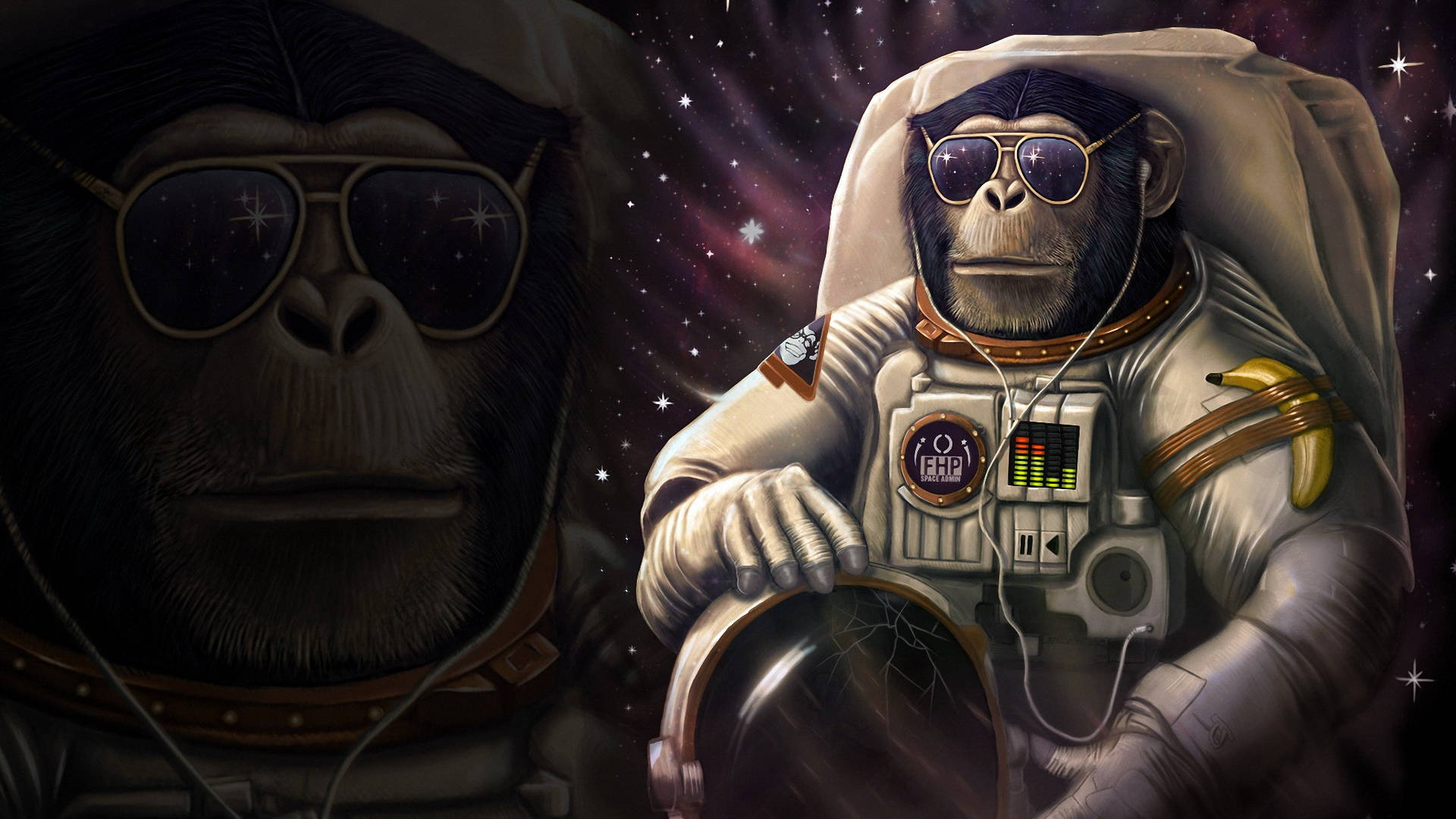 Astronaut In Space 桌布 壁紙 — 兩隻穿著太空衣、戴著太陽眼鏡的黑猩猩在星空宇宙背景下漂浮，其中一隻拿著頭盔。