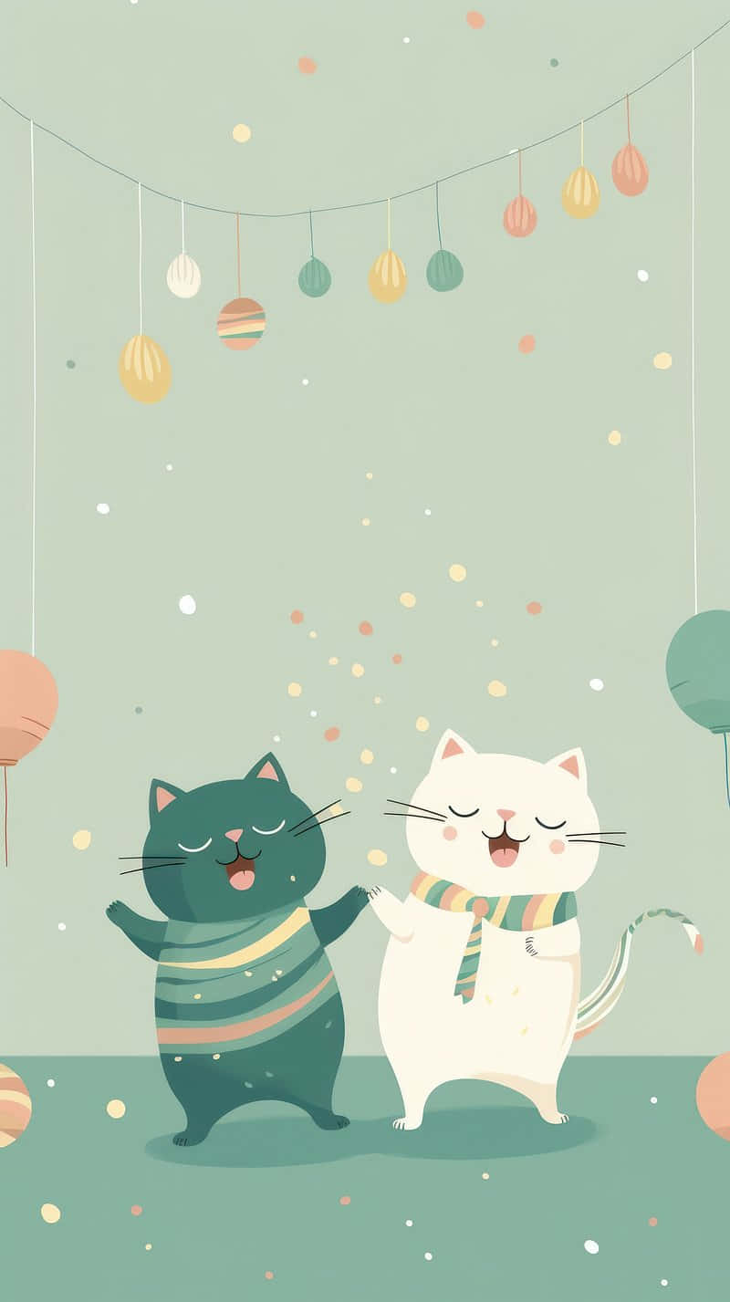 Dancing Cat 桌布 壁紙 — 兩隻穿著條紋毛衣的可愛卡通貓咪在懸掛的彩色紙燈籠下快樂地跳舞。
