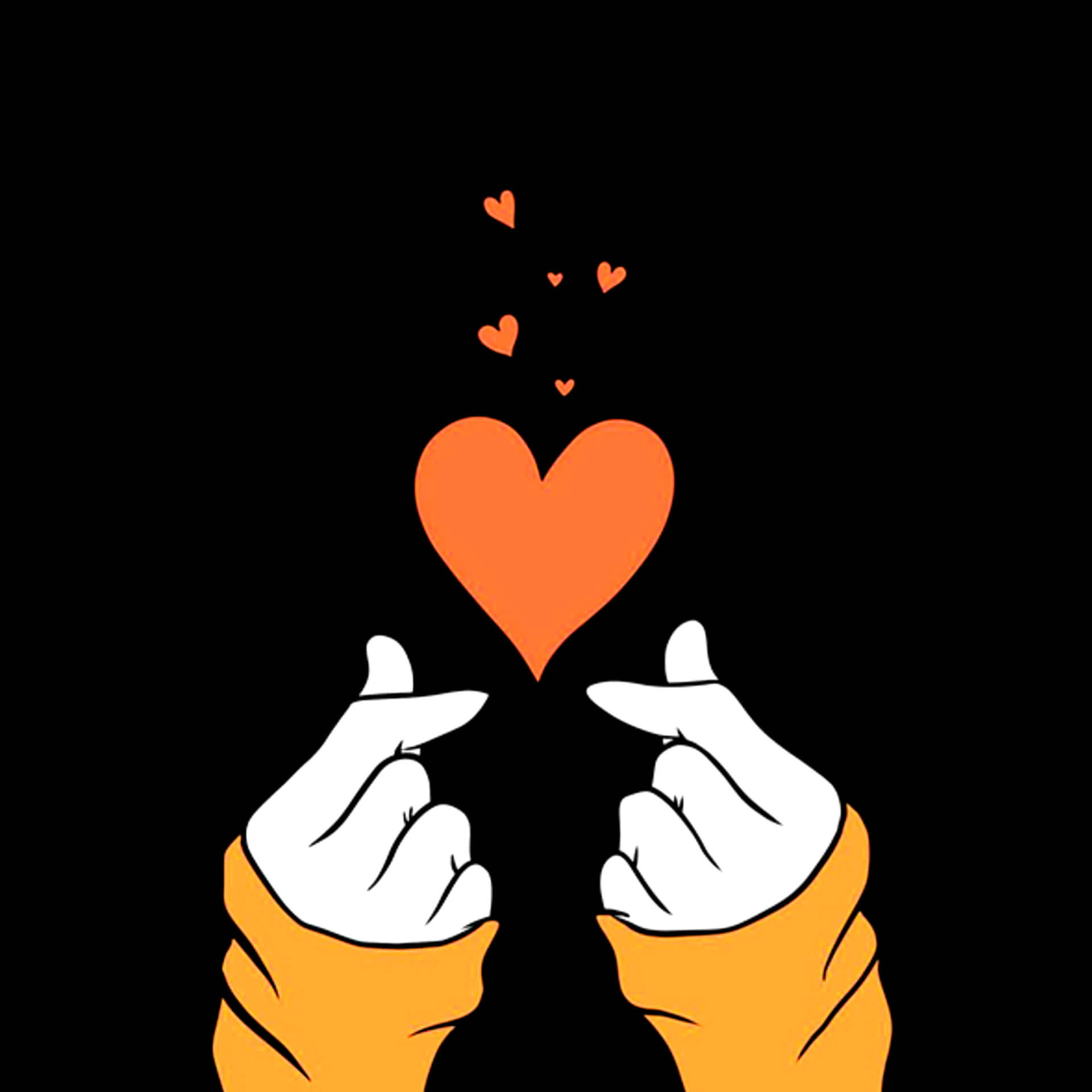 Cute Heart 桌布 壁紙 — 兩隻穿著橙色袖子的手輕輕捧著一個大橙色心形，上方有較小心形漂浮在黑色背景上。