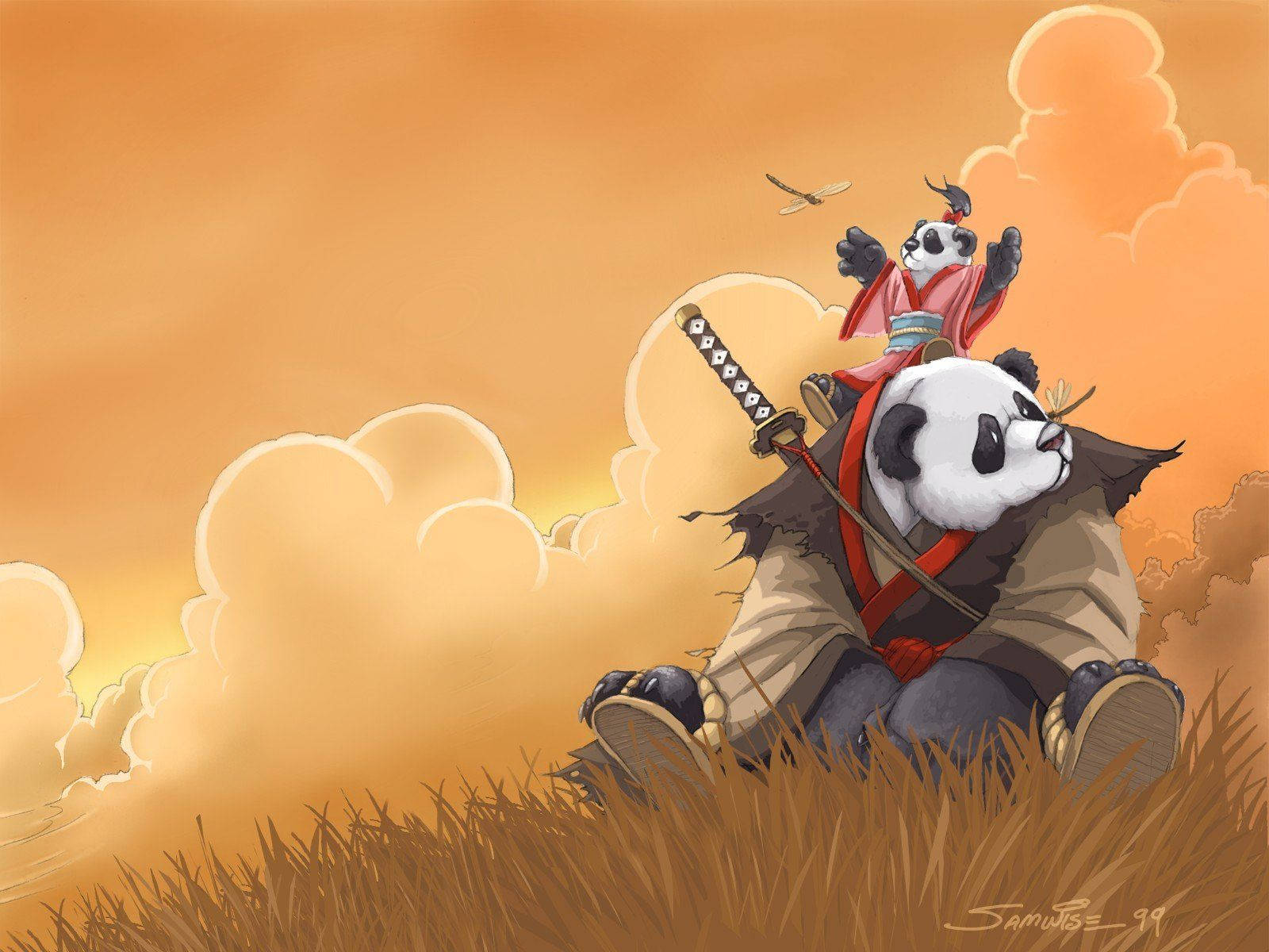 Samurai Art 桌布 壁紙 — 兩隻穿著武士裝備的熊貓坐在日落時分的草地上，其中一隻拿著劍，附近有一隻蜻蜓飛過。