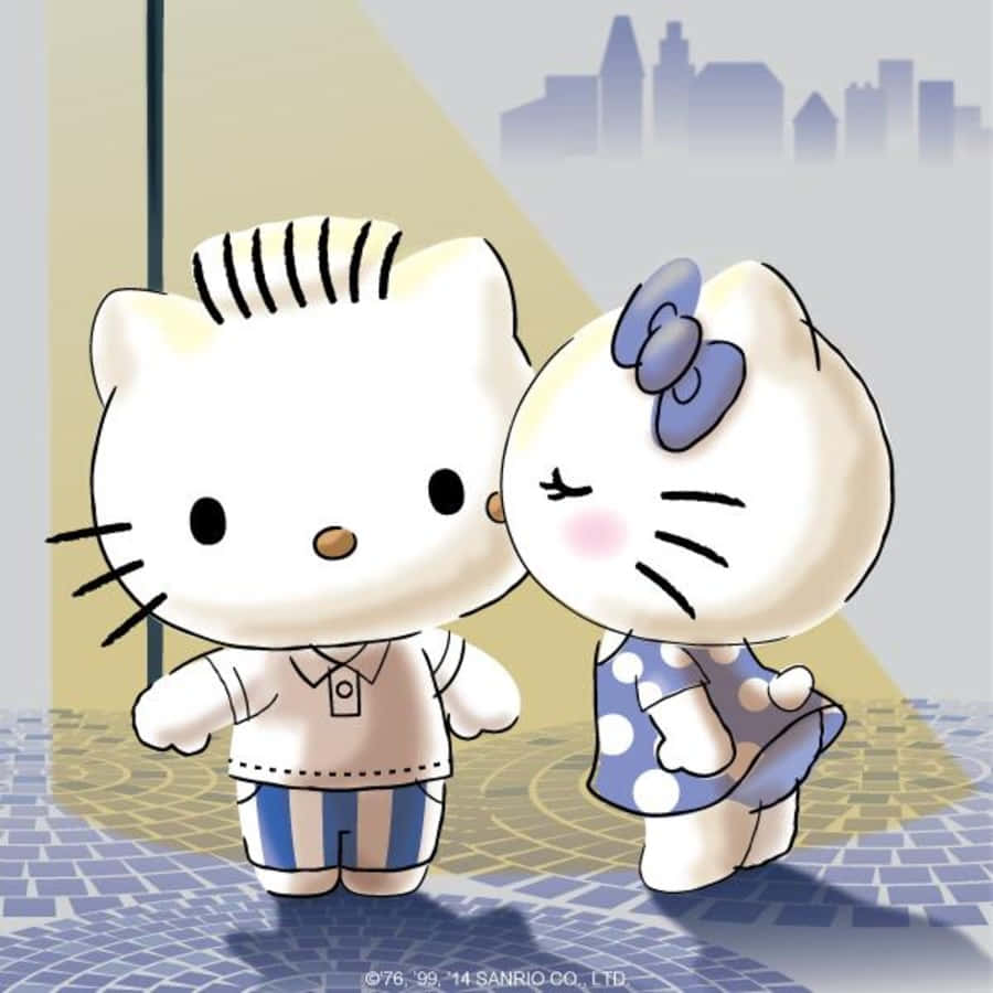 Dear Daniel 桌布 壁紙 — 兩隻穿著睡衣的可愛卡通貓咪緊貼著站在瓷磚地板上，背景是城市天際線。
