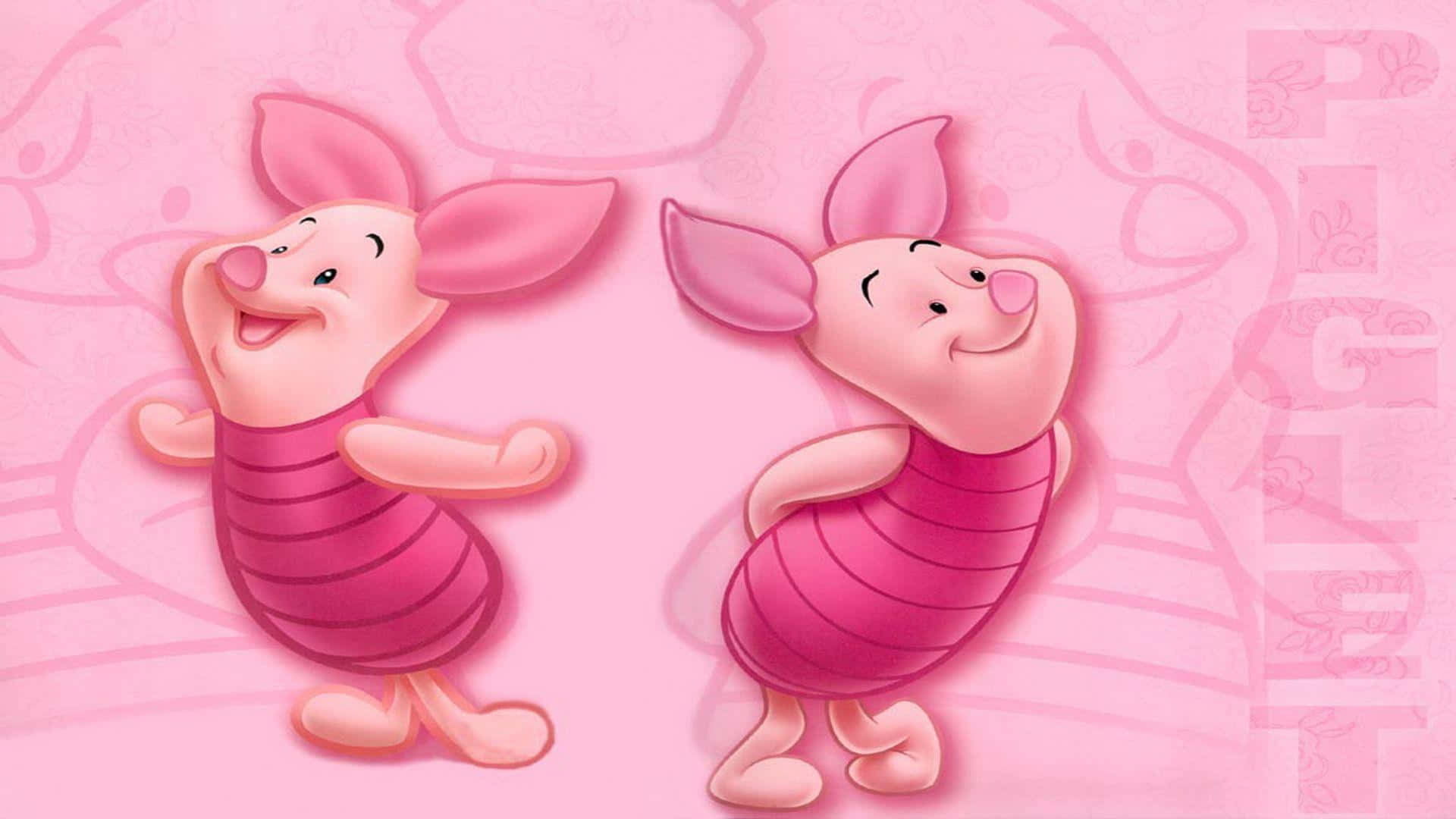 Piglet 桌布 壁紙 — 兩隻穿著粉紅色條紋服裝的快樂卡通豬在帶有細緻花卉圖案的柔和粉紅色背景上歡快地跳舞。