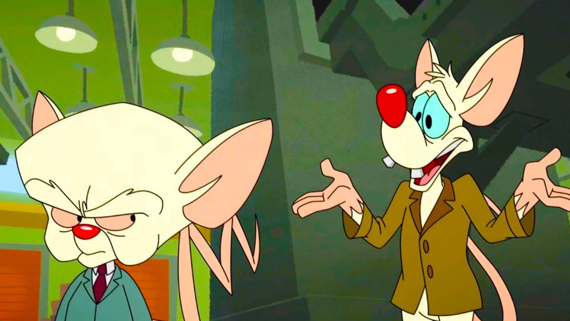 Animaniacs 桌布 壁紙 — 兩隻穿著西裝的動畫老鼠在光線昏暗的工業房間裡，掛燈下爭論。