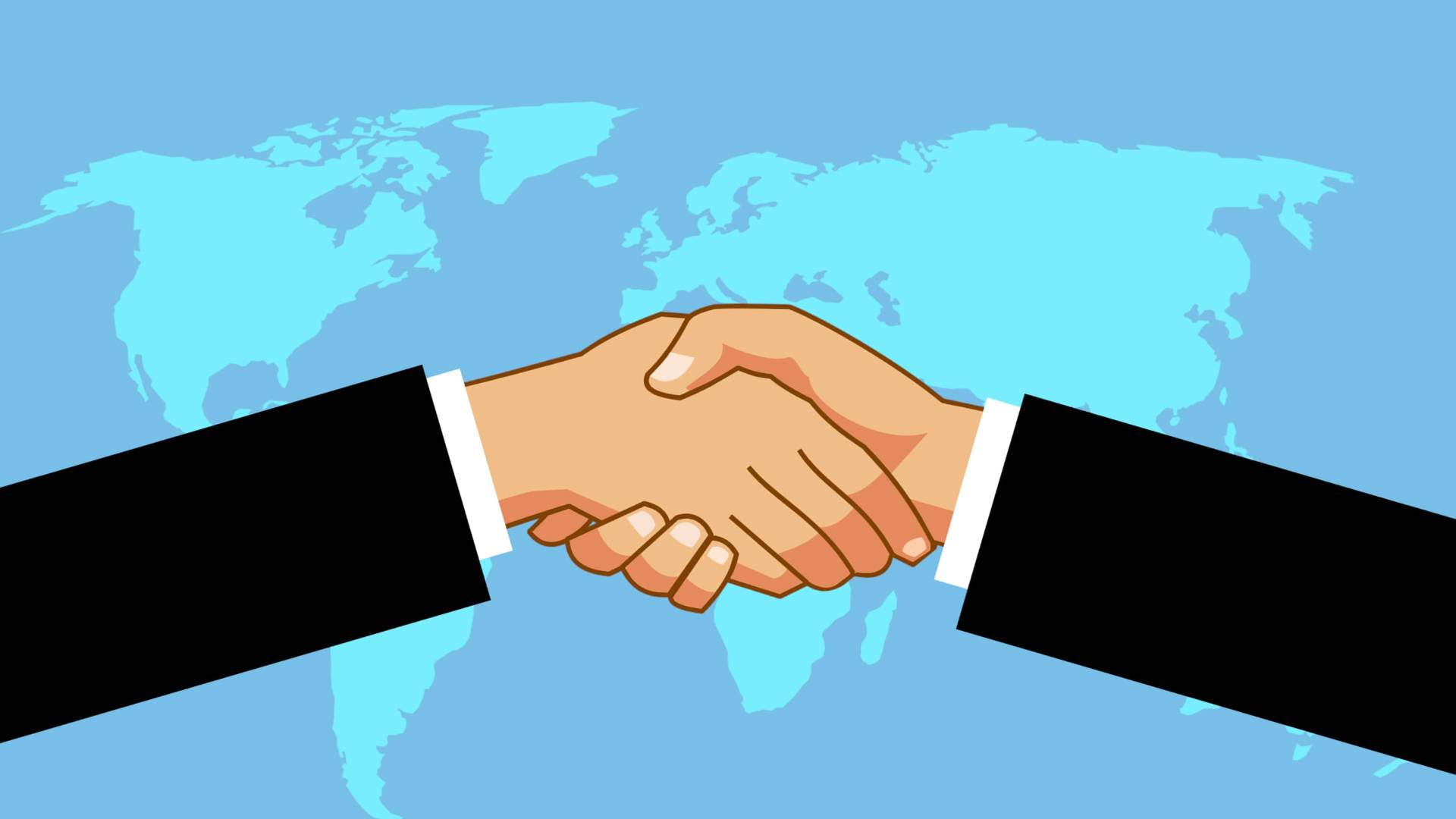 World 桌布 壁紙 — 兩隻穿著西裝的手在風格化的世界地圖背景下緊緊握手。