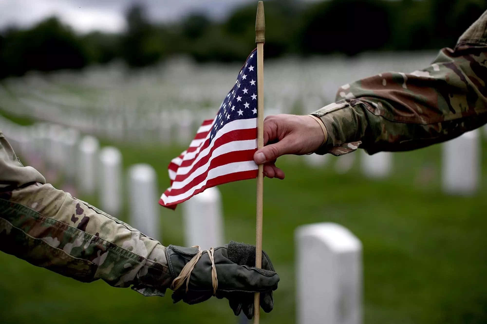 Memorial Day 桌布 壁紙 — 兩隻穿著迷彩制服的手輕輕地將一面小型美國國旗放在莊嚴軍事墓地的墓碑上。