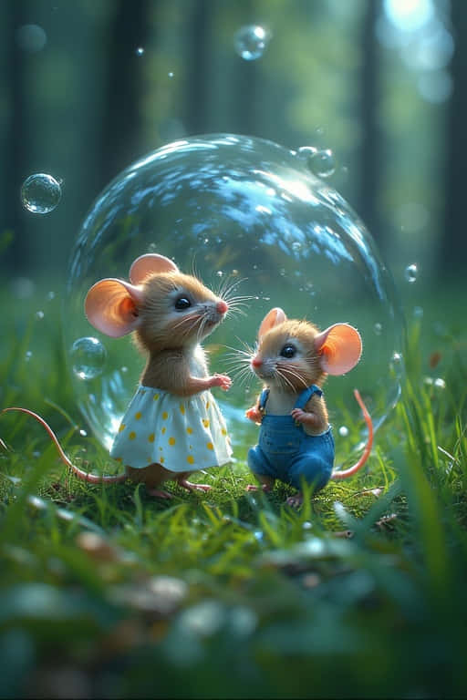 Bubble Friends Whimsical Baby Mice in the Forest 壁紙 — 兩隻穿著連衣裙和工裝褲的可愛老鼠站在陽光明媚的森林草地上，周圍漂浮著肥皂泡。
