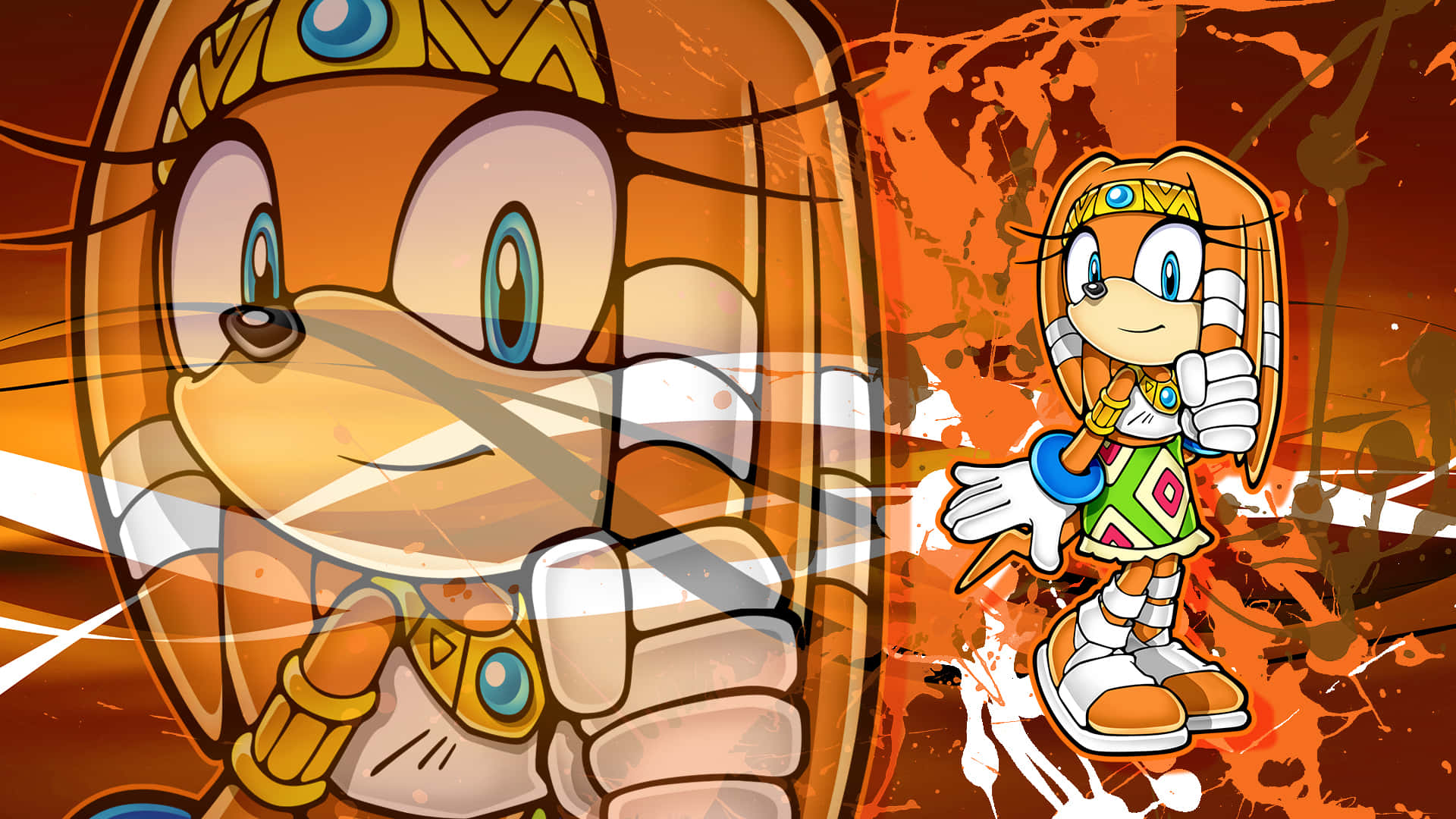 Sonic Adventure HD 桌布 壁紙 — 兩隻穿著鮮豔橙色和綠色服裝的快樂擬人化狐狸在火焰飛濺背景前豎起大拇指。