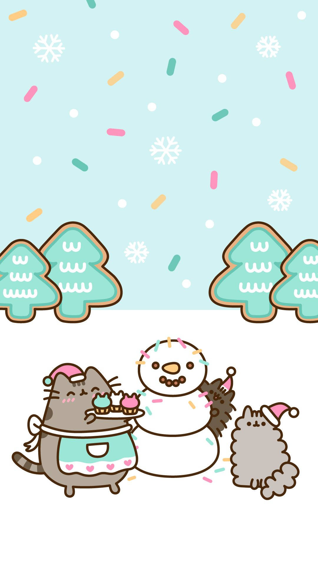 Kawaii Christmas 桌布 壁紙 — 兩隻節日普西貓與雪人一起在落下的糖粒和餅乾樹下慶祝。