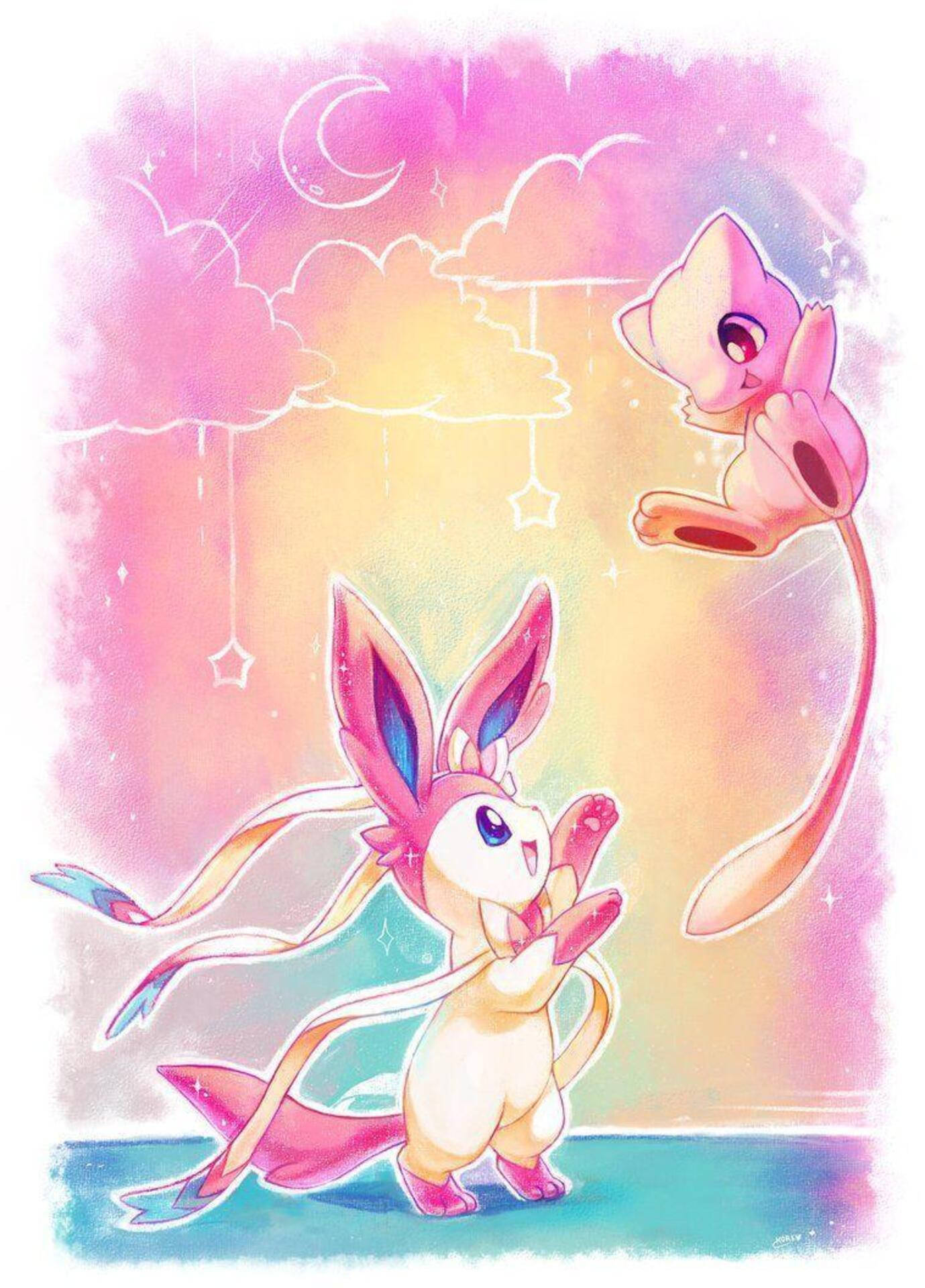 Sylveon 桌布 壁紙 — 兩隻粉紅色動漫風格的寶可夢在夢幻的粉彩天空下，有新月和漂浮星星，開心地玩耍。