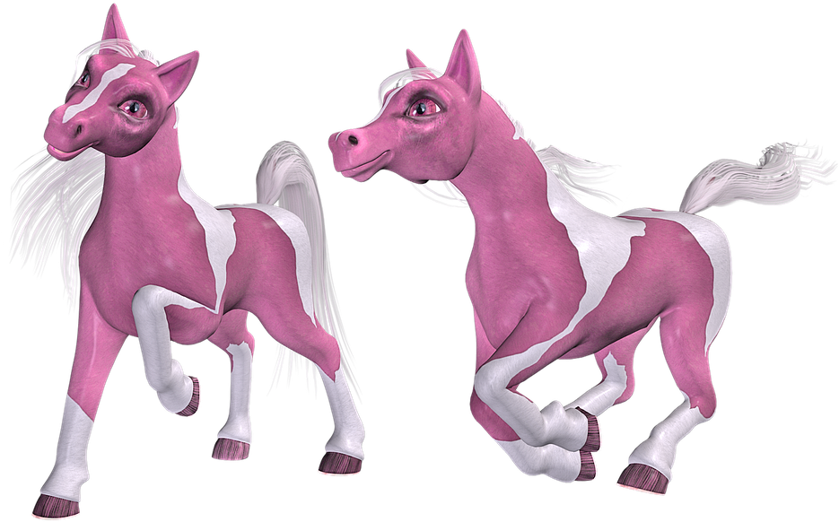 horses 桌布 壁紙 — 兩隻粉紅色和白色的卡通馬，眼睛富有表情，站在黑色背景前，一隻在慢跑，另一隻在跳躍。