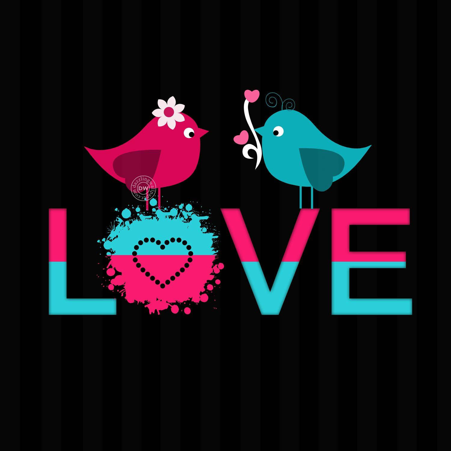 Whatsapp 桌布 壁紙 — 兩隻粉紅色和藍綠色的風格化鳥兒棲息在LOVE這個詞上，背景是黑色條紋。